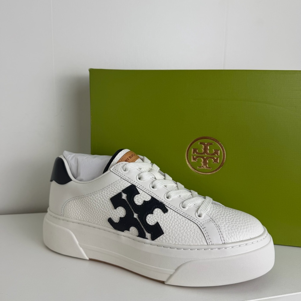 Tory Burch White and Navy Leather Sneakers - Picture 1 of 16
